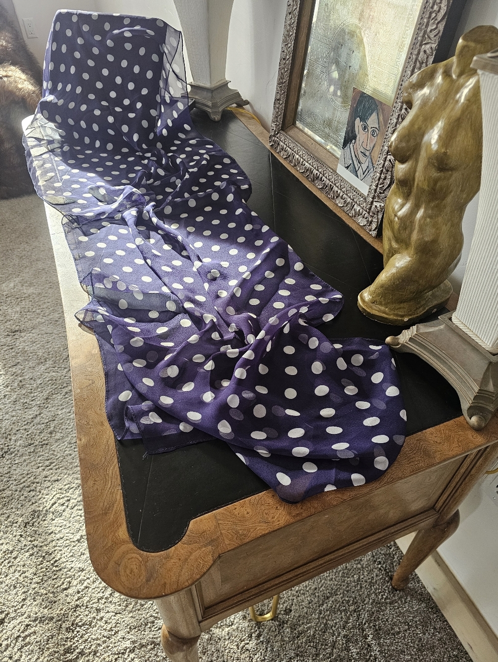 Derby Day White Polka Dot Scarf - 60" Long Wrap - Vintage Chic Nautical Navy